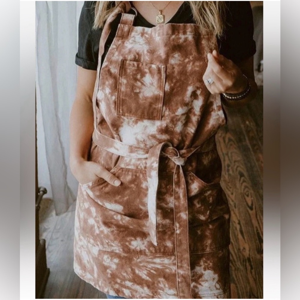 OClark Apron Brown White tie-dyed look Bleach Look Heavy Duty With Pockets New